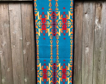 Wool Table Runner-Turquoise, red, yellow, orange, black Tribal Design Runner-Condensed Turquoise-Native American Tribal Wool Runner, 65 X 18
