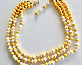 Triple Strand Japan Yellow Plastic and Milk Glass Necklace