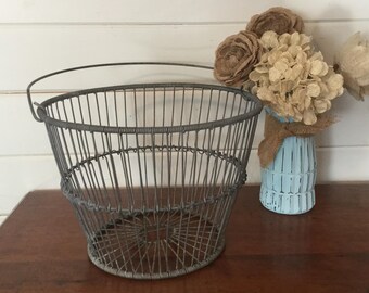 Vintage metal egg gathering basket, Egg basket, Vintage basket, Farm basket, Handle basket for gathering eggs