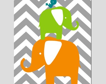 Chevron Elephant Bird Stack - Nursery Art - 8x10 Print - CHOOSE YOUR COLORS