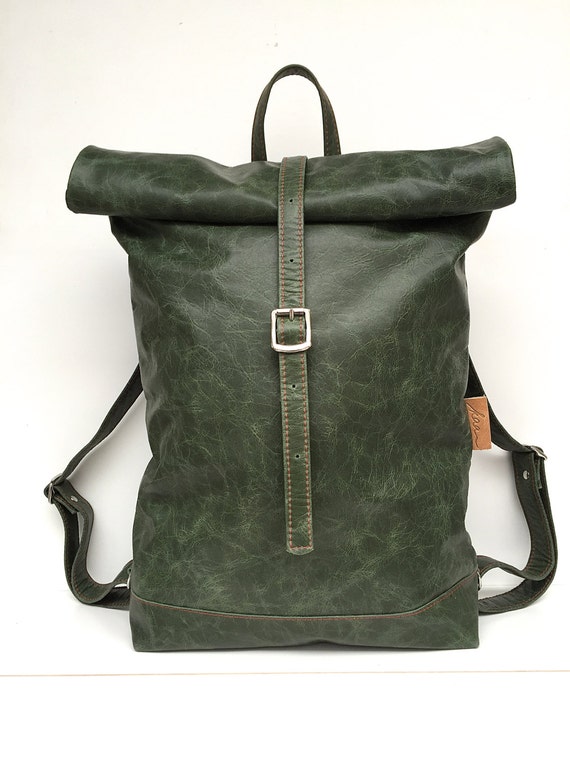 Leather backpack green, rolling backpack , backpack leather , green leather backpack