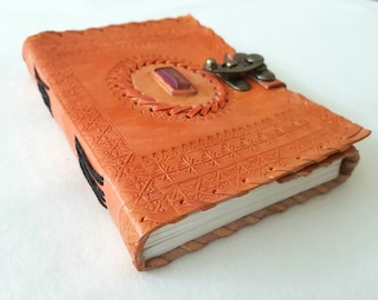 Single Stone Embedded Leather Journal (Orange)