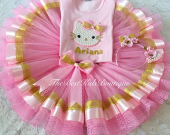 Pink&Gold Hello Kitty Birthday Tutu Outfit Hello Kitty Birthday Tutu Dress Hello Kitty Party 1st 2nd 3rd Birthday Outfit Hello Kitty Shirt
