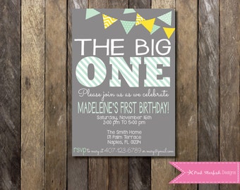 First Birthday Invitation, 1st Birthday Invitation, Birthday Invitation, Printable Invitation, The Big One, Pink, Green, Stripe, Chalkboard