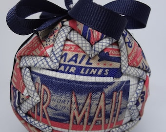 Quilted Fabric Ornament Red White Blue Vintage Ephemera Air Mail Postal
