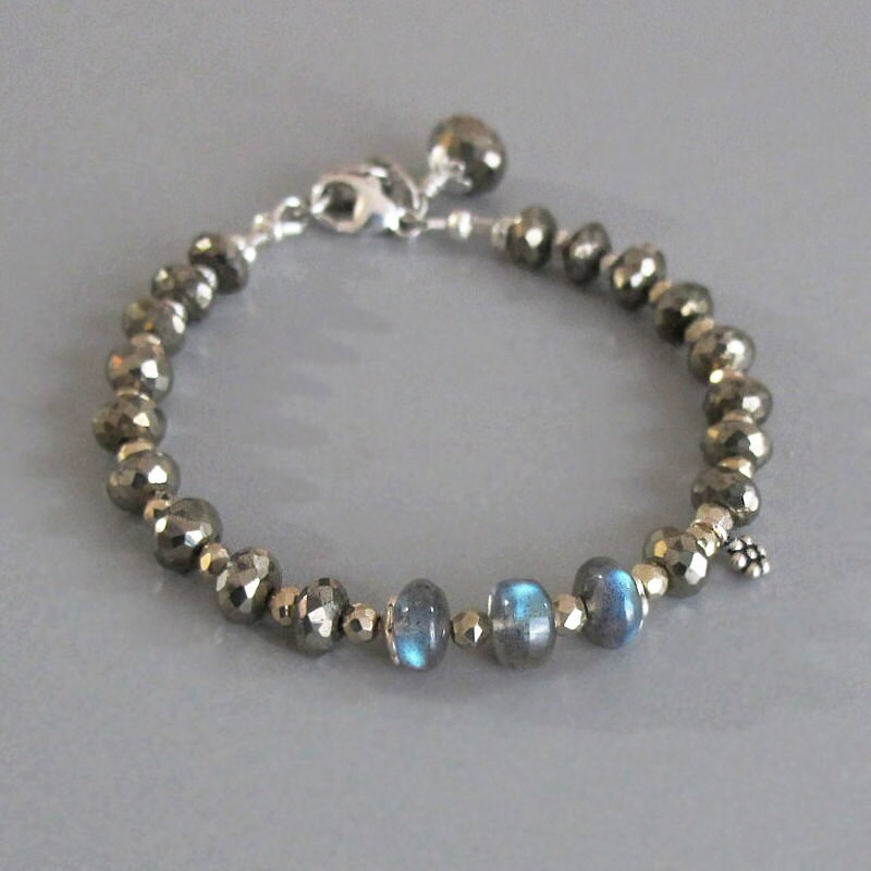 Pyrite Labradorite Spectrolite Sterling Silver Bead Bracelet