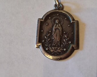 Virgin Mary of Lourdes Vintage Sterling Silver Religious Medal Pendant on 18 inch sterling silver rolo chain