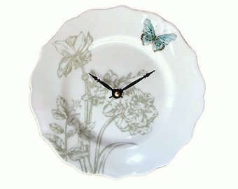 9 Inch Sage Turquoise Floral Butterfly Wall Clock, SILENT, Numbers Available, Porcelain Plate Clock, Unique Wall Clock - 2176