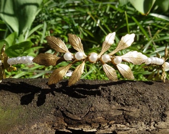 Gold leaf headband, bridal hairband, woodland wedding, gold crown, gold pearl forehead band
