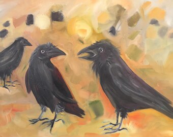 Three Crows Conversing Original Oil Painting 24x36