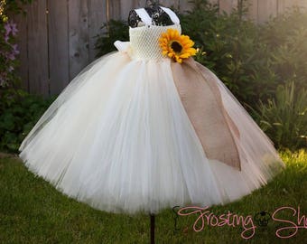 Ivory Sunflower Tutu Dress with Burlap- flower girl- vintage