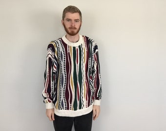 90s White Colorful Biggie Sweater size LARGE ~ 55984
