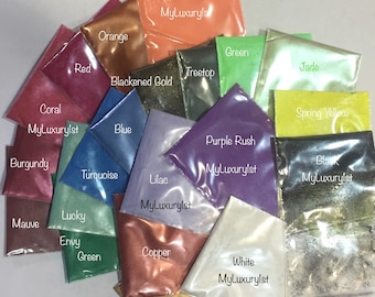 Lot of 20 1 gram each MICA Copper Red Orange Yellow Green Blue Purple Gold Pigment Soap Making Mineral Makeup Lotion Shimmer Powder Samples