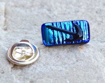 Dichroic Glass Tie Tack Stud or Lapel Pin Brooch Textured Layers Shimmering Shades of Blue with a Black Arrow Detail Silver Fitting Gift Box