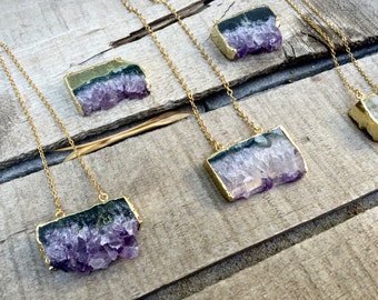 Boho Chic Gold Dipped Amethyst Slice Crystal Pendant | Gold Necklace | Raw Crystal Necklace | Amethyst Necklace | Crystal Necklace
