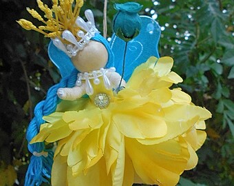 Yellow & Teal Blue Waldorf Flower Petal Fairy, Faerie Doll One of a Kind By Willow Bloome