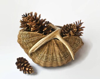 Rustic Antler Basket Handwoven Decorative Organic Western Lodge Cabin Farmhouse Rustic Decor