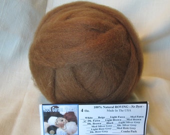 4 oz. Dark Fawn Alpaca Roving - for Spinning, Nuno Felting or Needlefelting