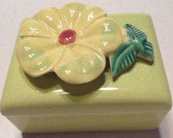Vintage Ceramic Cigarette Box Flower Lid Chartreuse Lime Green