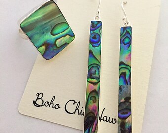 Long Skinny Sterling Silver Abalone Earrings, Elegant Abalone Silver Earrings, Long Dangle Abalone Earrings, Paua Earrings