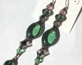 Tourmaline Moss Green Earrings, Shoulder Duster Light Tourmaline, Peridot, Light Amethyst and Crystal Earrings with Bronze, "Illusions 1"