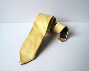 Vintage Yellow Leather Skinny Tie, Yellow Leather Necktie, 1980s