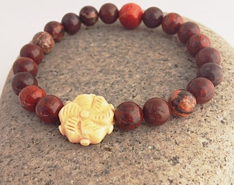 Poppy Jasper Wrist Mala Beads w Bone Flower - Yoga and Meditation Bracelet