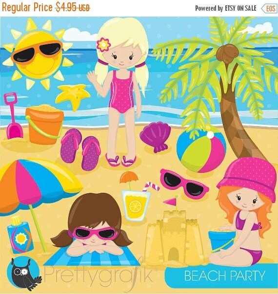 80% OFF SALE Beach party girls clipart commercial use beach