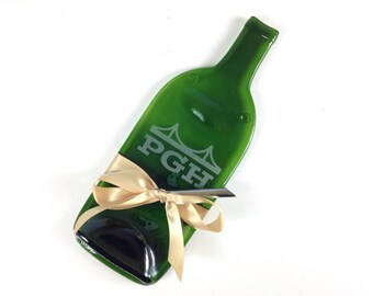 Pittsburgh Etched Green Wine Bottle Cheese Tray, by Mitchell Glassworks, Housewarming Gift, Penguins Hockey Gift, Steelers Country, PGH