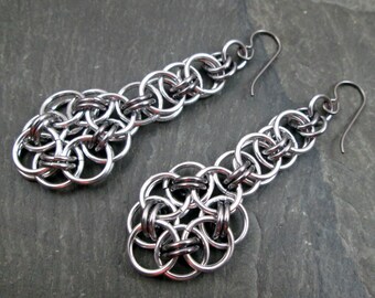Chainmaille Earrings - Helm Weave - Silver and Grey - Wedding Earrings - Chainmail Jewelry