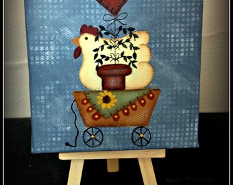 Primitive Spring Chicken 4 x 4 Canvas