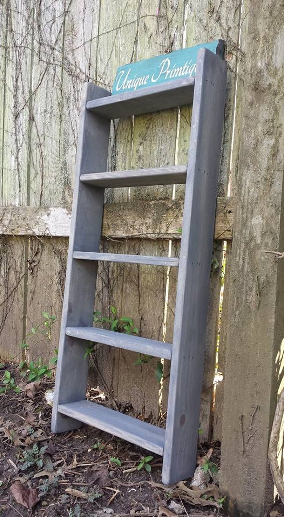 Primitive Rustic Weathered Gray Ladder Shelf Home Wall Decor