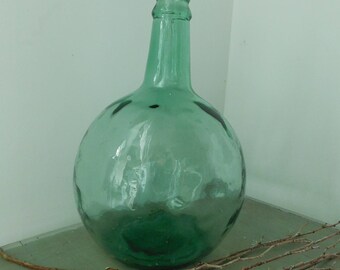 French vintage demijohn with dimpled green glass French damejean Vintage carboy Country or industrial home decor