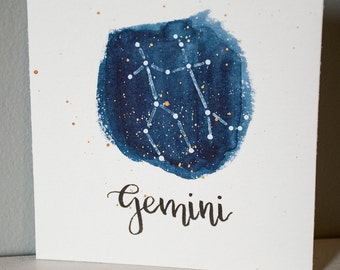 Gemini Constellation Painting - Galaxy, Night Sky, Stars, Original Watercolor
