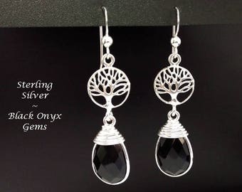 Black Onyx Earrings: Sterling Silver Earrings with Faceted Black Onyx Gemstones & Celtic Tree of Life | Drop Earrings, Dangle Earrings 256