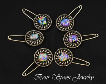 Dichroic glass Brass Shawl Pin, Blanket pin, Scarf Pin, Kilt pin