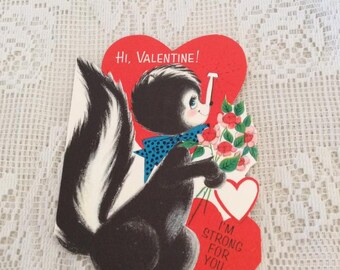 Vintage 1950s Valentine Card Hallmark Skunk With Flowers Collectible Paper Ephemera Arts Crafts Scrap Booking