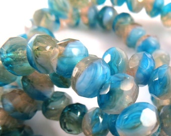 25 Picasso Czech Rondelle Aqua Purple Translucent Dual Color Beads 7x5mm Hole 1mm - 25 pc - G6036-APO25