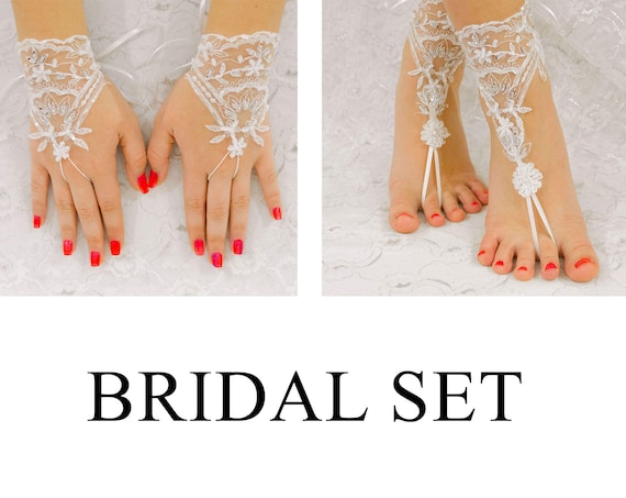 Bridal Set, Beach Wedding Barefoot Sandals, Wedding Gloves, MarrietDress 03