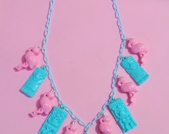 Tiki Flamingo Necklace, Tiki Necklace, Tiki Idol, Resin Tiki Jewelry,