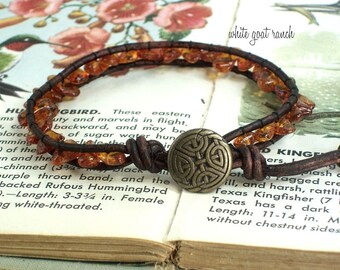 Baltic Amber Leather Bracelet, Handmade Celtic Knot Fall Jewelry Boho Wrap Stacking Bracelet Arthritis Relief