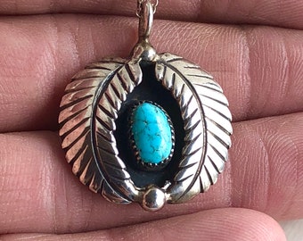 Signed Native American Sterling Silver Turquoise Pendant Necklace, Turquoise Necklace, Native American Necklace, Signed Pendant, Navajo