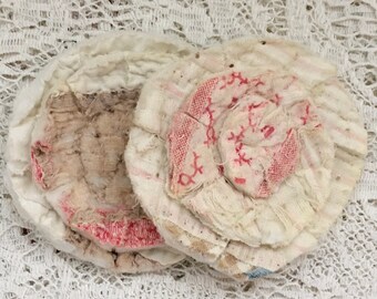 2 upcycled fabric flowers, cottage chic flower gift top, lot flower supplies, scrap flowers shabby upcycled quilt flower scrap appliques #29