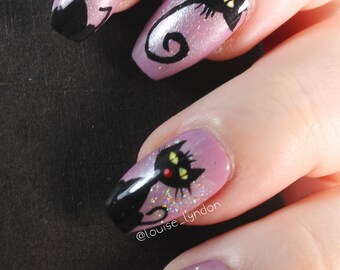 10 Black Cat Nails, Press On Nails, Glue on Nails, Full Coverage Nails