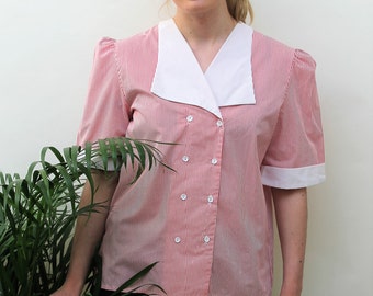 1980s Red and White Candy Stripe Blouse Size UK 12/14, US 8/10, EU 40/42