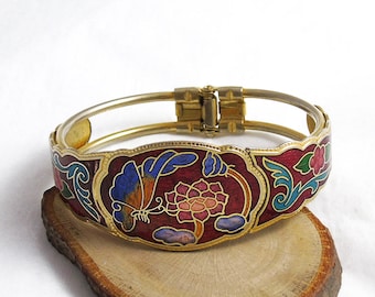 Vintage Cloisonne Enamel Bangle, Butterfly Bangle, Cloisonne Hinged Bangle, Red Enamel Bangle, Clamper Bangle, Hinge Bangle