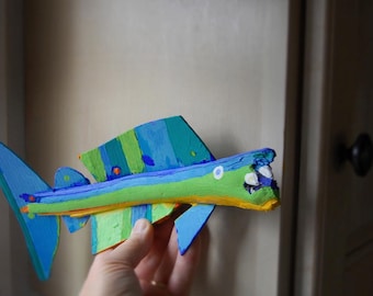 Funky Fish Art - Whimsical Colorful Blue, Green Painted Recycled Wood Fish Original Ready to Hang Handmade Art Creation