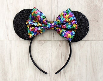 Rainbow Disneyland Ears, Minnie Mouse Ears, Mickey Mouse Ears, Minnie Ears, Mickey Ears, Disney Ears, Rainbow Sequin Bow, Disneyland Ears