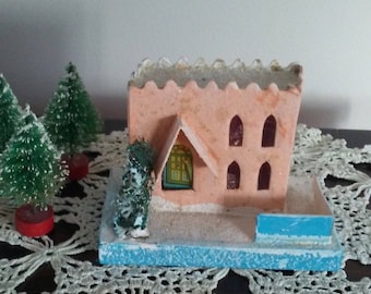 authentic mid century putz house castle style peach colored vintage christmas decoration japan 1940s battlement roof