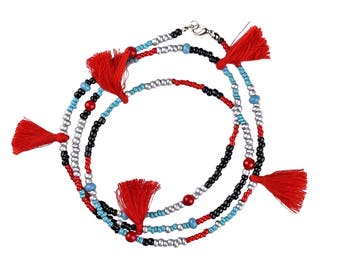 Pompon multi collier Style Bohème avec verre et perles de rocaille peut être bouclé pour créer un Multi couche collier tons sud-ouest